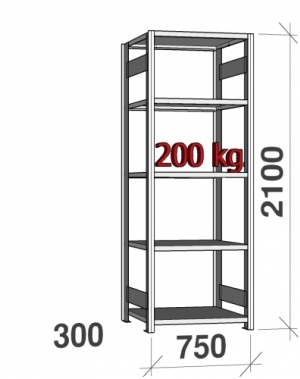 Laoriiul põhiosa 2100x750x300 200kg/riiuliplaat,5 plaati